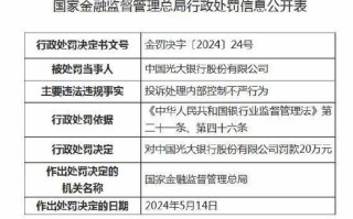 金融监督管理总局荆州监管分局行政处罚信息公开显示,中国光大银行